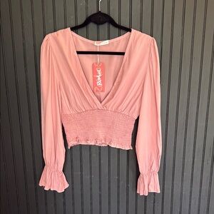 ROMWE Pink Long Sleeve Smocked Crop Blouse